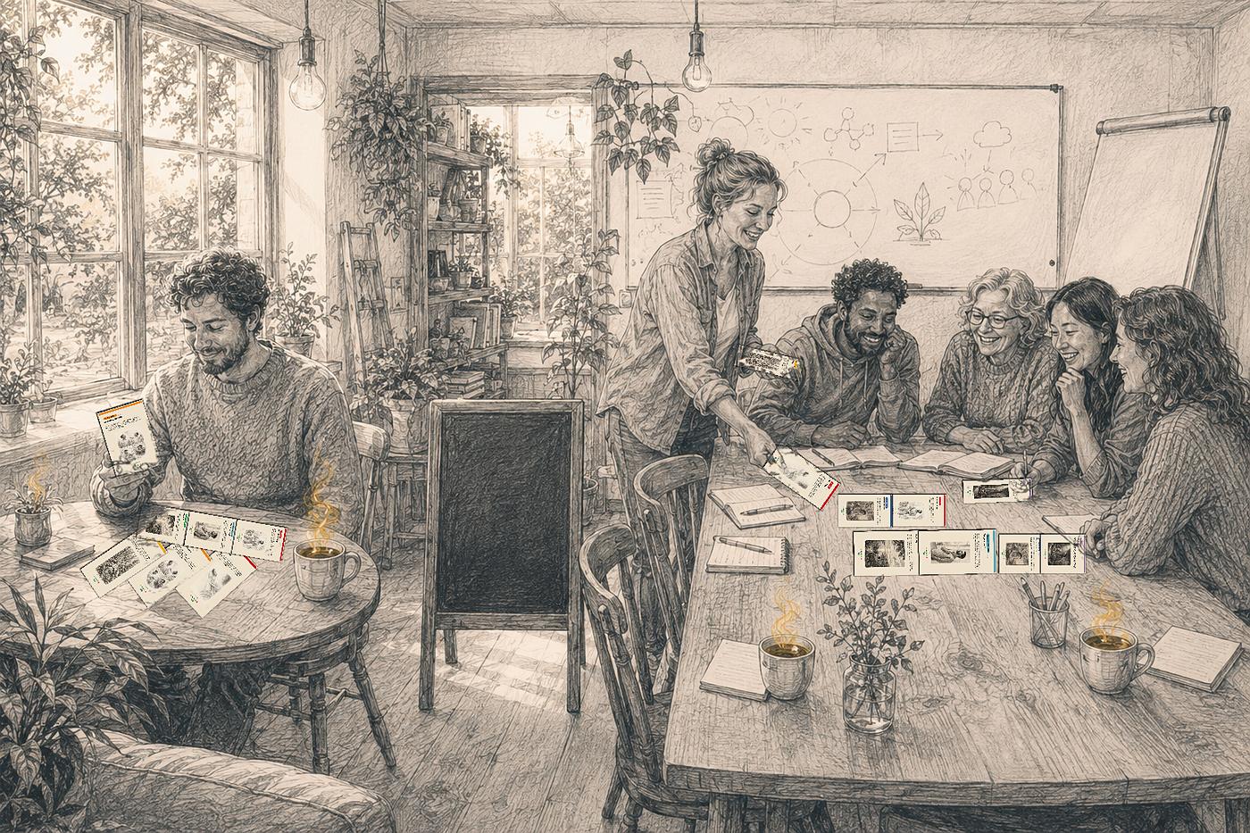 Two tables in the caf&eacute; — one person with their own cards, and a facilitator laying cards out for a group