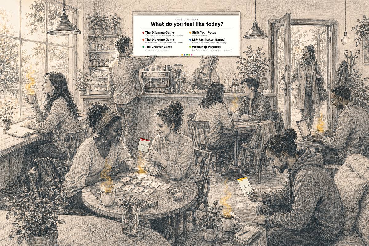 Inside Caf&eacute; Life Hack — people at a round table with question cards between them, and one seat free at the front.