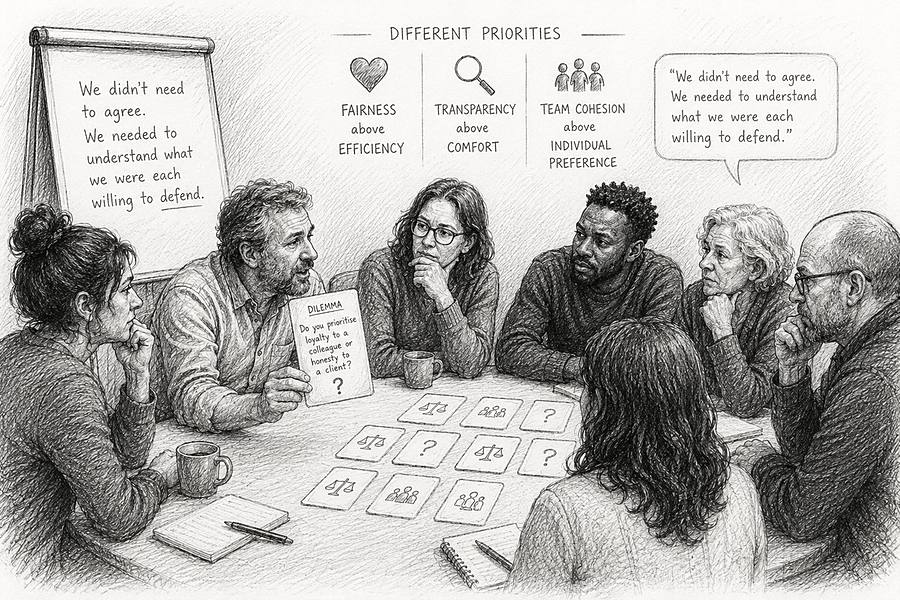 Team around a table with dilemma cards